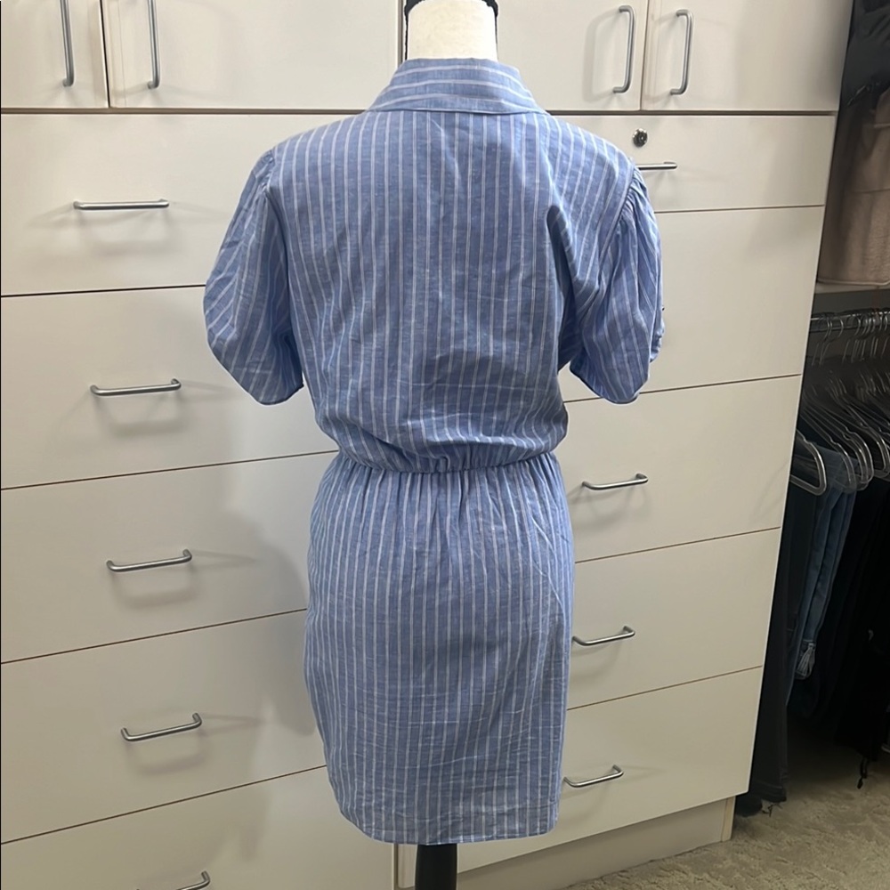 Cing a Sept Tira Linen Pinstripe Puffed Short Sleeve Self-Tie Waist Mini Dress 6 - Picture 3 of 9